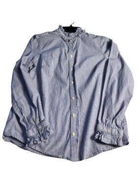 J. Crew Light Blue S Striped Button-Up Blouse With Ruffle Collar & Cuffs Cotton
